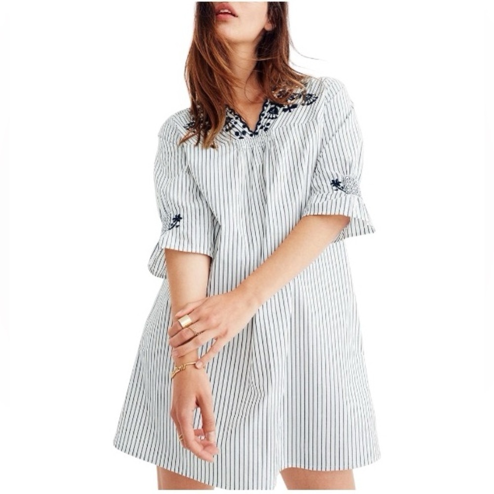 MADEWELL Cotton Poplin Striped Embroidered Breeze Pullover Shift Dress Size S